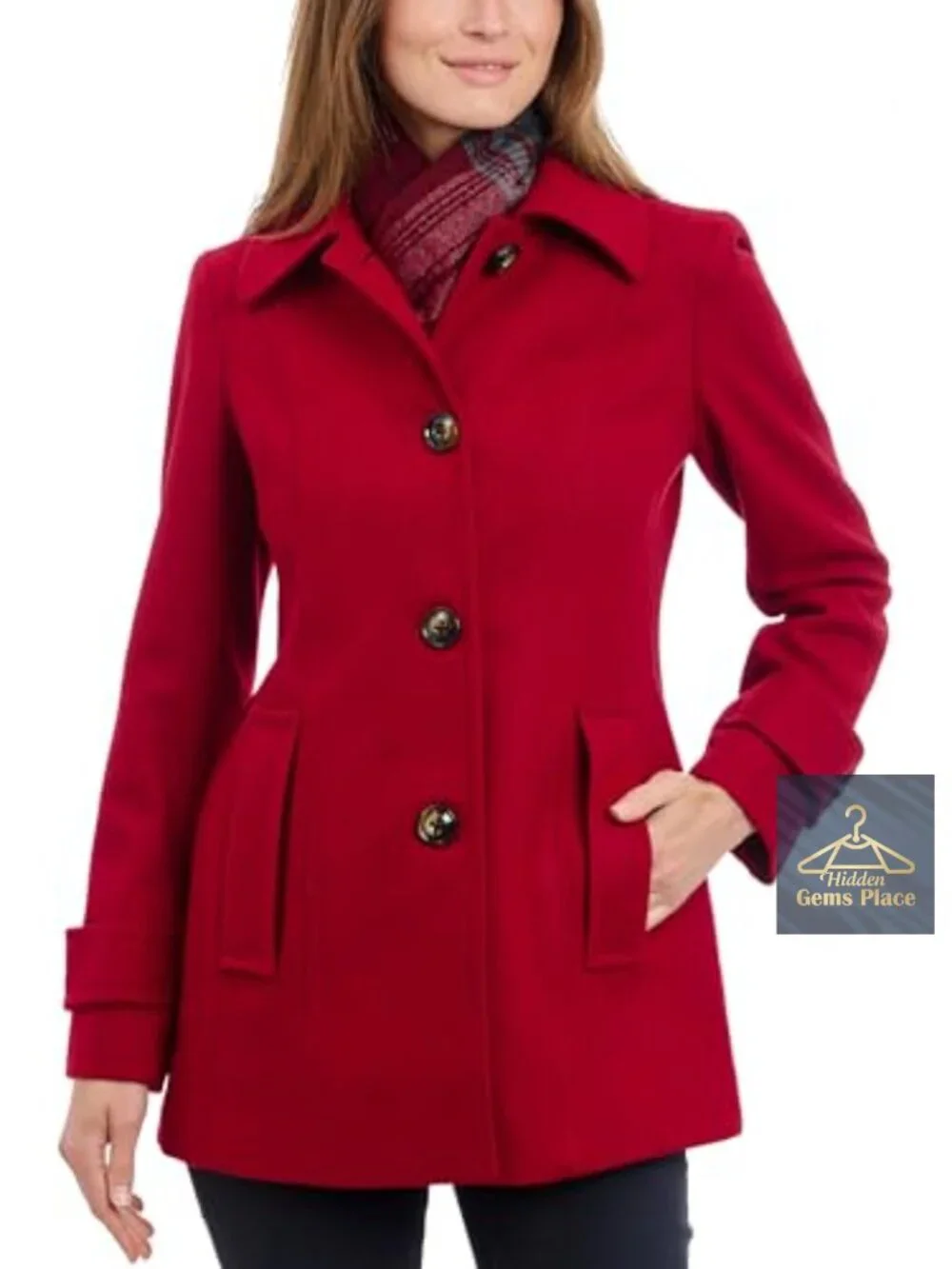 Wool Blend Peacoat with Scarf, Button Front, Long Sleeve, Seamed Pockets,